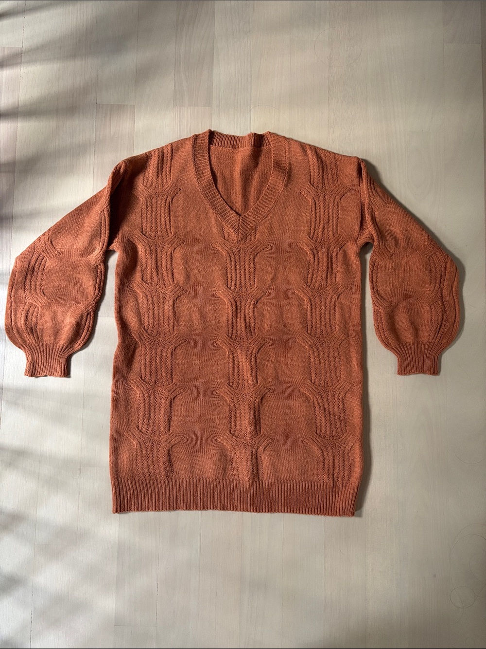 V-Neck Cable Knit Sweater Dress - Rust